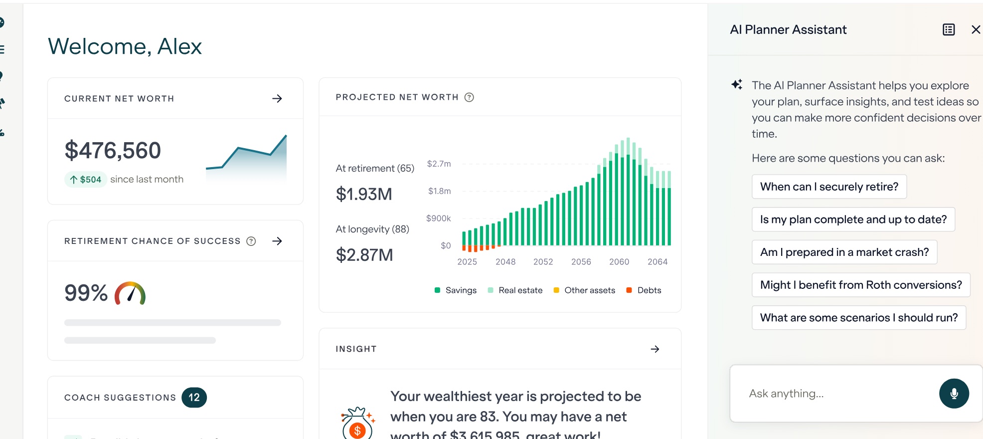 Boldin dashboard: current net worth of $476,560, a 99% retirement chance of success gauge, projected net worth at retirement and longevity, and the AI Planner Assistant panel