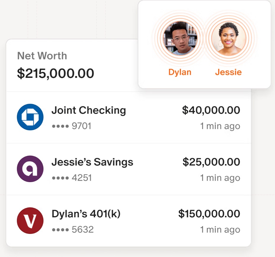 Monarch household dashboard showing combined net worth of $215,000 across joint checking, one partner's savings, and the other partner's 401(k)